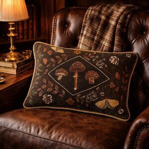 Hidden Garden Moody Botanical Mushroom Accent Pillow Pink Velvet Gold Accents
